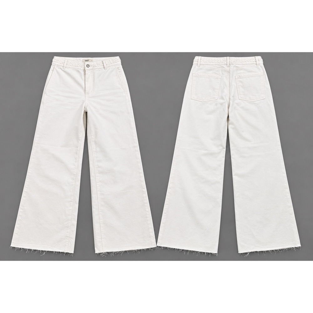 OAT NEW YORK Wide Leg Flare Pants Women 10/30 Raw Hem natural beige belted